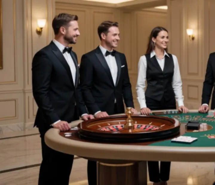 Dealerzy i prowadzący NAXSOL ENTERPRISES LTD przy stołach pokerowych i ruletce podczas eleganckiego wieczoru