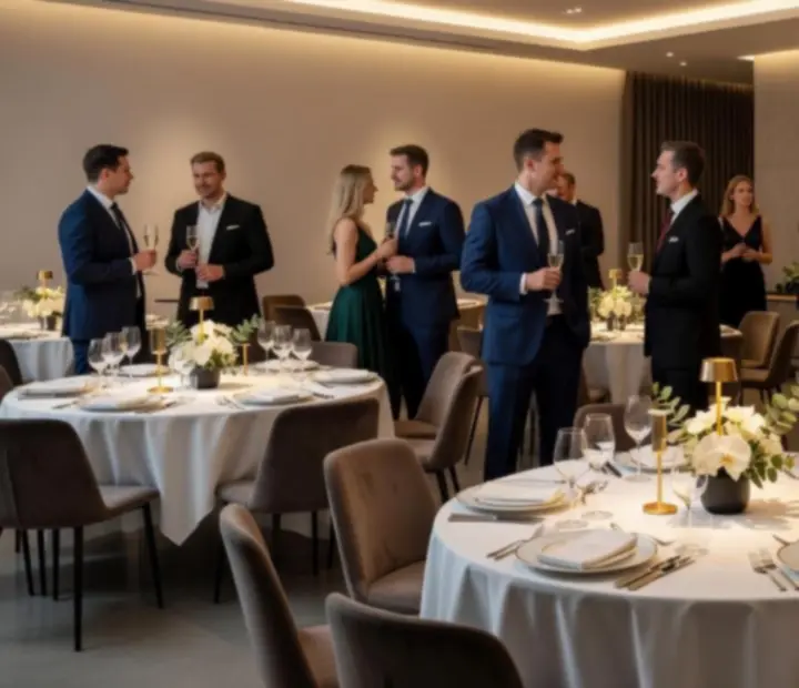 Elegancka gala z gośćmi i stołami do gier w tle