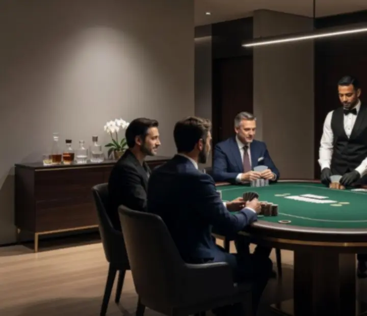 Wieczór pokerowy z profesjonalnym stołem, krupierem i gośćmi grającymi na żetony